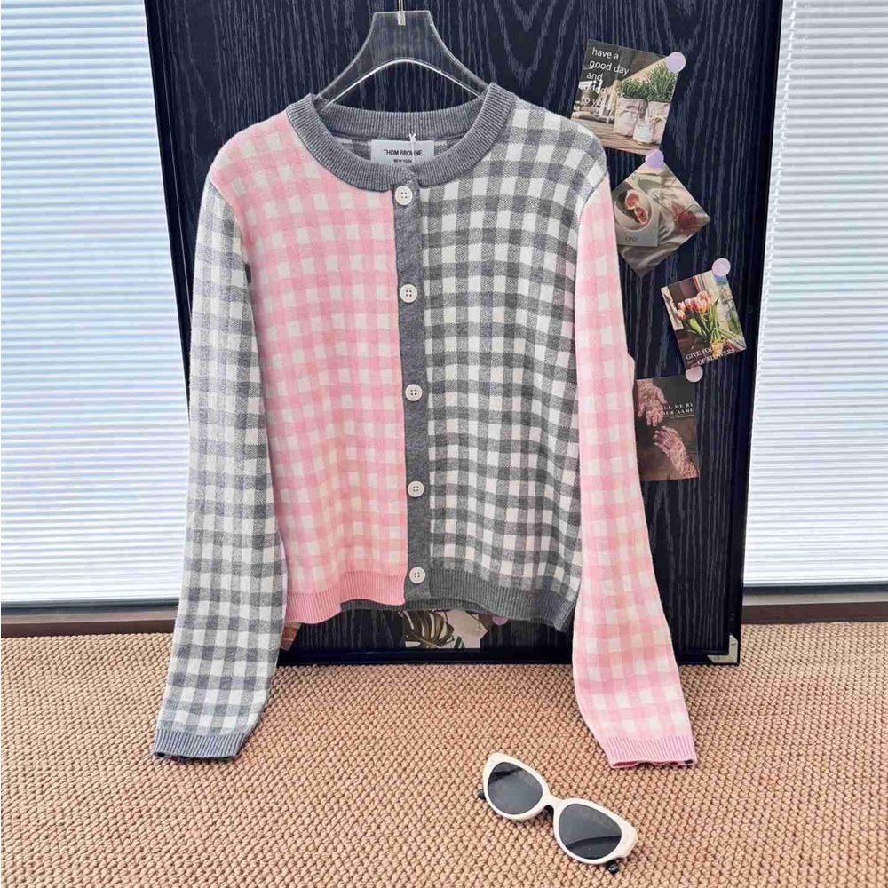 Thom Browne Pink and Gray Checkered Cardigan